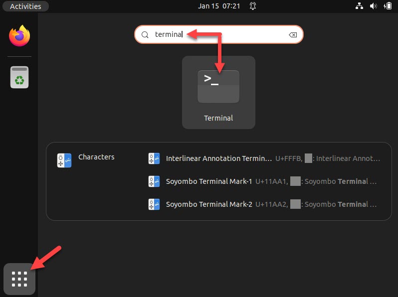 Terminal app in the Ubuntu applications menu.