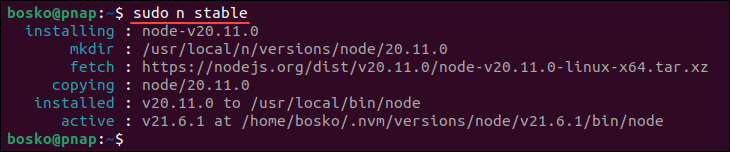 Updating Node.js with npm on Linux.