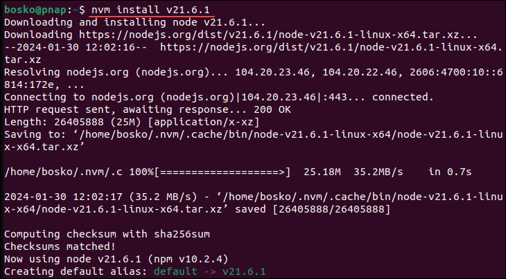 Updating Node.js using nvm on Linux.