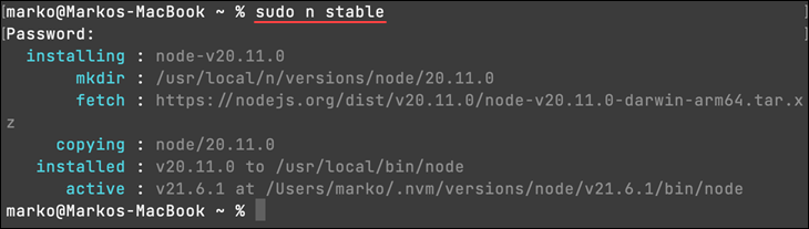 Updating Node.js on macOS with n.