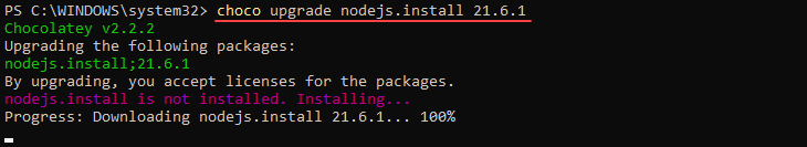 Upgrading Node.js using Chocolatey.