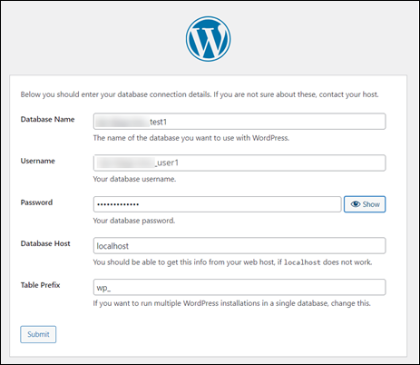 WordPress settings: database and user info
