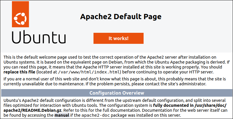 Verifying Apache installation through the default homepage.