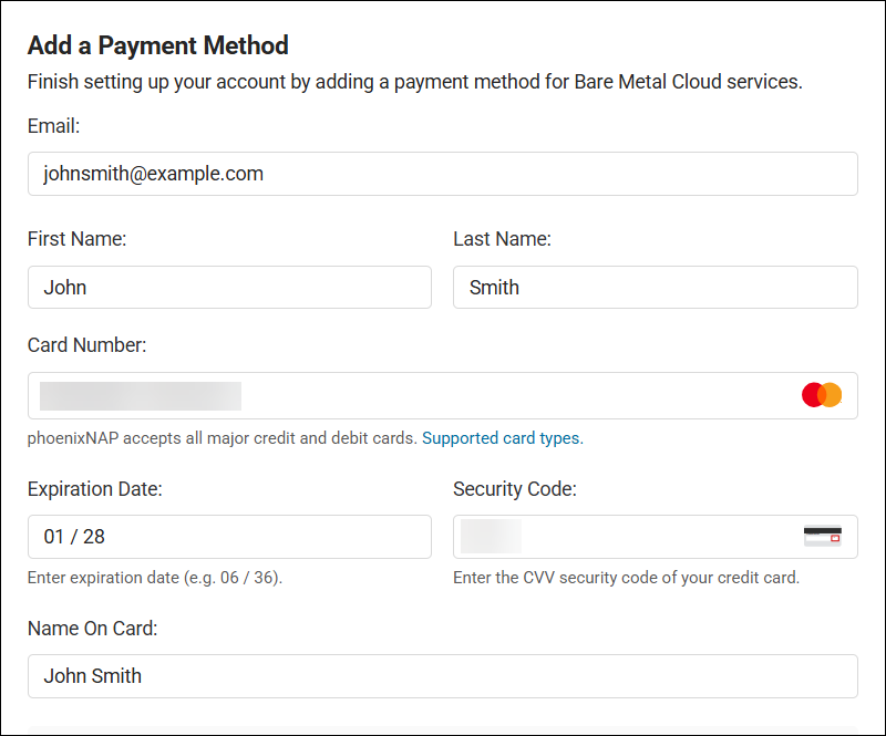 Example data for the Add a Payment Method form.