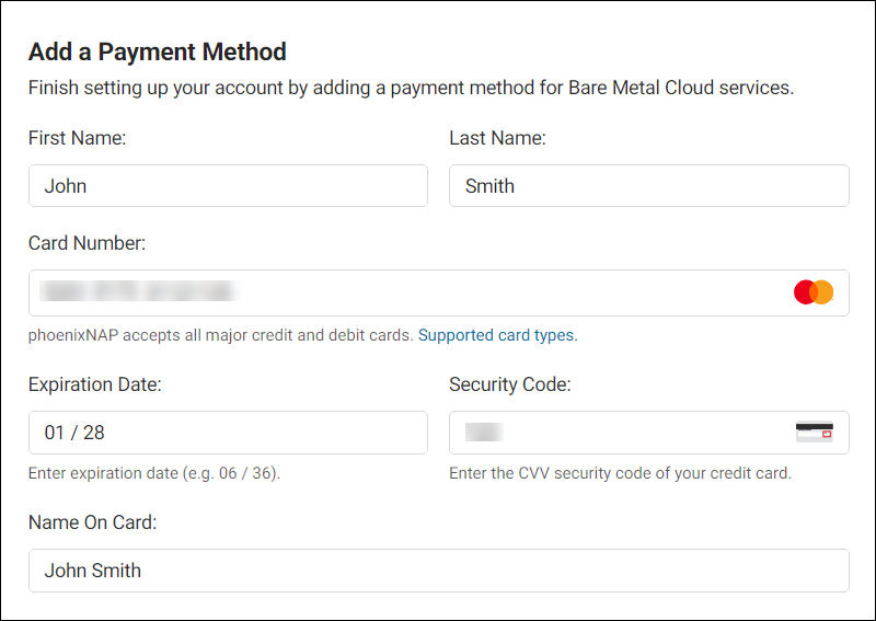 Example data for the Add a Payment Method form.
