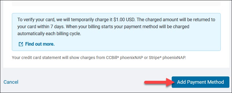 The Add Payment Method button in BMC portal