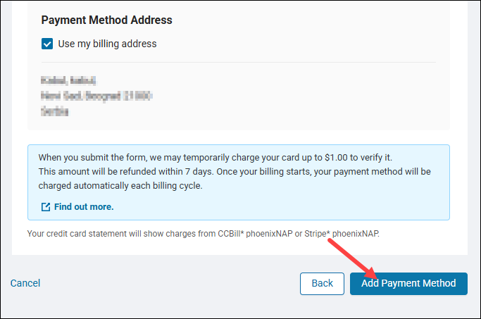 The Add Payment Method button in BMC portal.