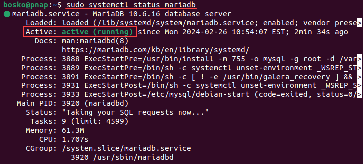 Verifying the MariaDB installation on Ubuntu.