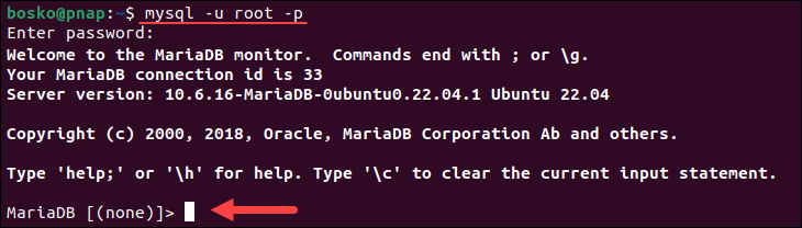 Connecting to MariaDB from the command line.