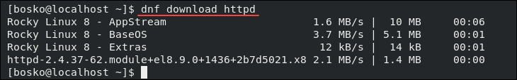 Downloading the files for Apache, by replacing [package_name] with httpd