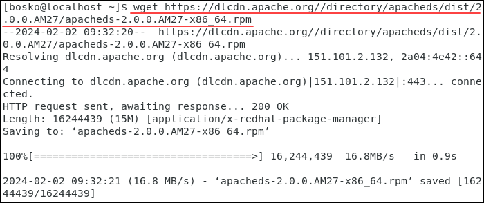 Downloading the Apache web server RPM file and saving it to the current working directory.