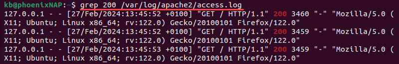 grep 200 access.log terminal output