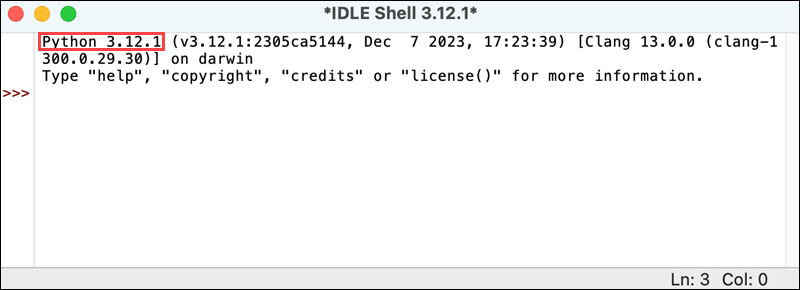 The IDLE shell showing the installed Python version.