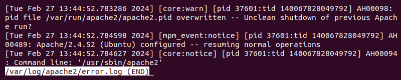 less error.log terminal output