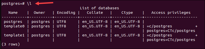 List available PostgreSQL databases in Linux.
