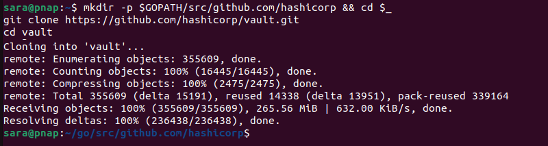 mkdir -p $GOPATH/src/github.com/hashicorp && cd $_git clone https://github.com/hashicorp/vault.gitcd vault terminal output