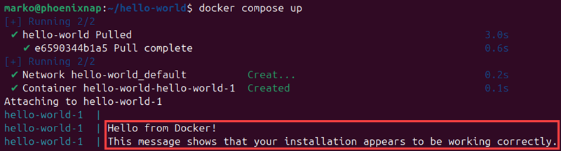 Running a hello-world container using Docker Compose.