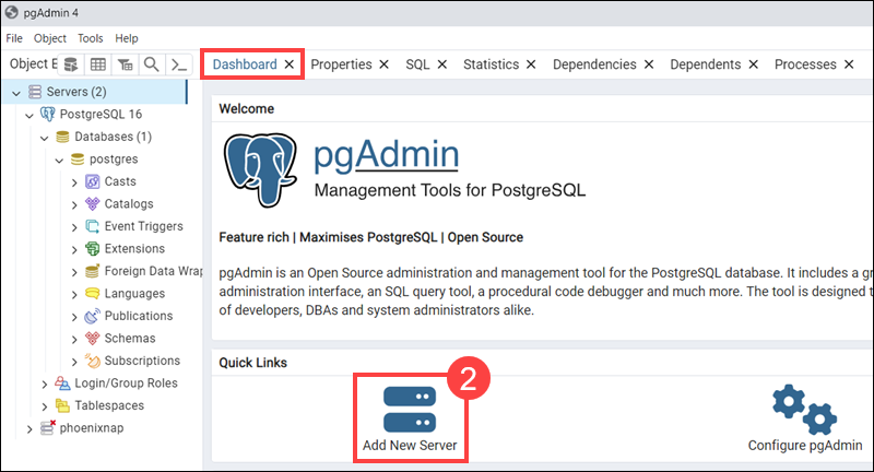 Access PostgreSQL database from Windows pgAdmin 4.