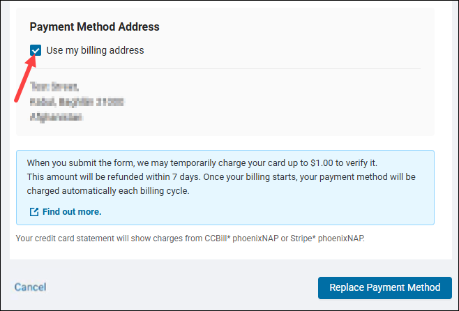Location of the Use my billing address checkbox on the Change a payment method page.