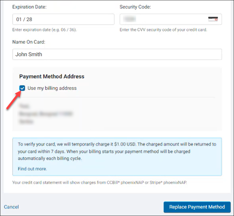 Location of the Use my billing address checkbox on the Change a payment method page.