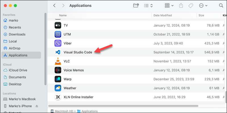 Running the VS Code app from the Applications directory.