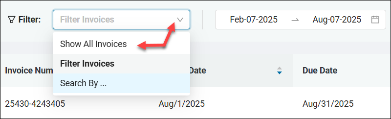 Location of the Show All invoices option in the Filter menu.