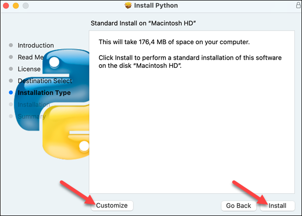 The standard installation section of the Python installer.