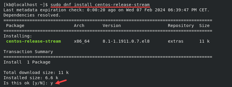 sudo dnf install centos-release-stream terminal output