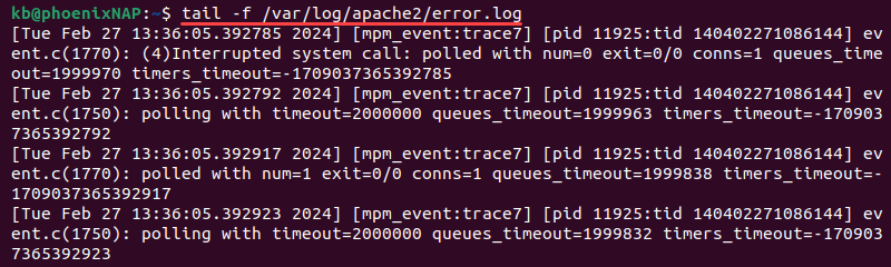tail -f error.log terminal output