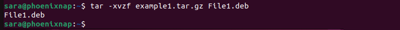 tar -xvzf example1.tar.gz File1.deb terminal output