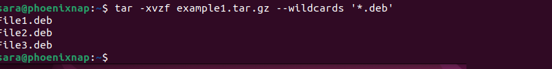 tar -xvzf example1.tar.gz --wildcards '*.deb' terminal output