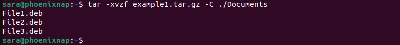 tar xzfC example1.tar.gz ./Documents terminal output