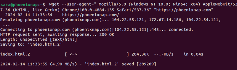 Terminal output for wget --user-agent