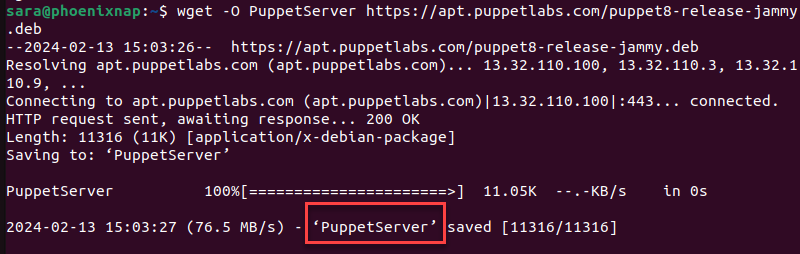 wget -O PuppetServer https://apt.puppetlabs.com/puppet8-release-jammy.deb terminal output