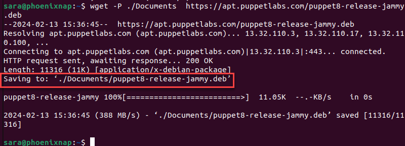wget -P ./Documents  https://apt.puppetlabs.com/puppet8-release-jammy.deb terminal output