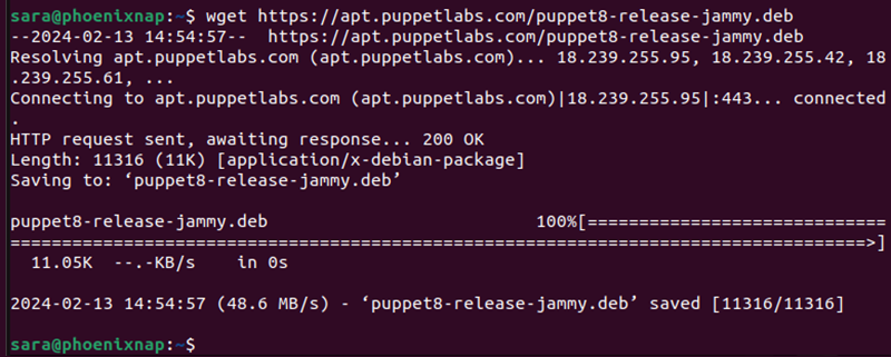 wget terminal output for wget https://apt.puppetlabs.com/puppet8-release-jammy.deb