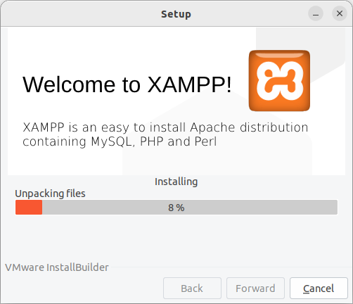 XAMPP installation progress.