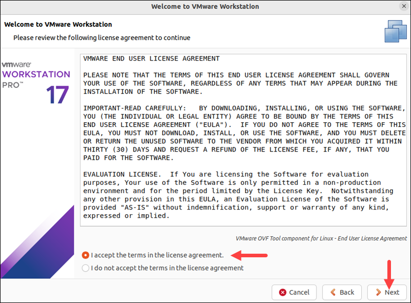 Accepting the end user license agreement for VMware workstation pro.
