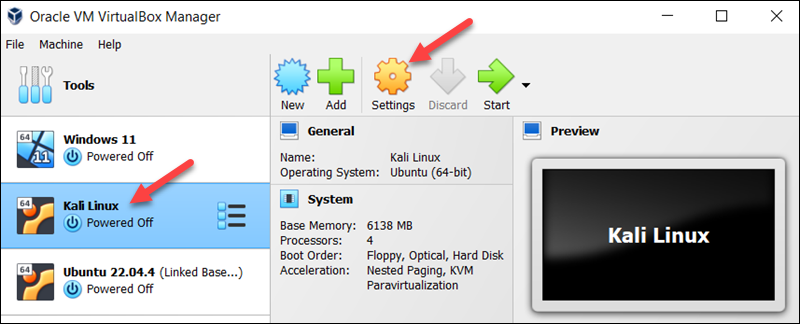 Accessing advanced VM settings in VirtualBox Manager.
