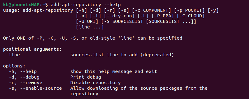 add-apt-repository --help terminal output