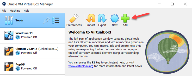 The location of the Add button in VirtualBox Manager.
