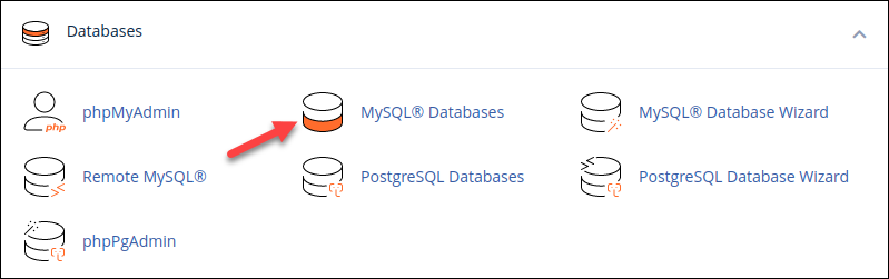 Location of the MySQL Databases item in the Databases section of cPanel.