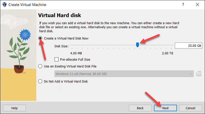 Creating a virtual hard disk for the VM.