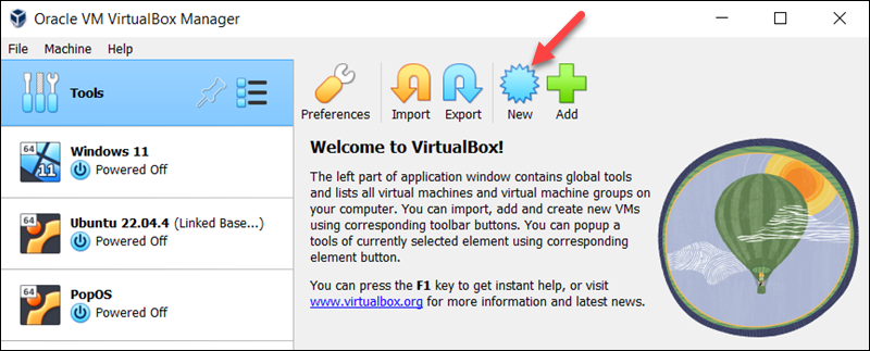 The location of the New button in VirtualBox.
