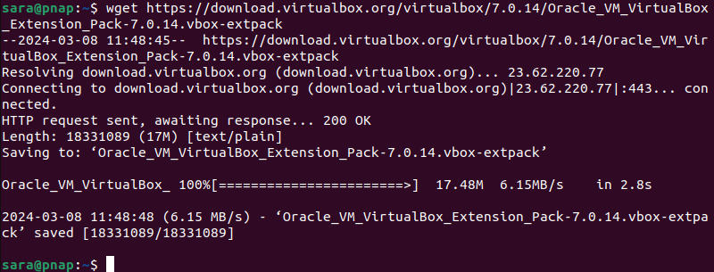Download extension pack terminal output