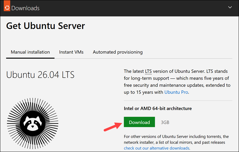 Ubuntu server download page download button