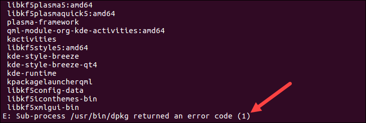 Example of the "Sub-process /usr/bin/dpkg returned an error code (1)" error in Ubuntu.
