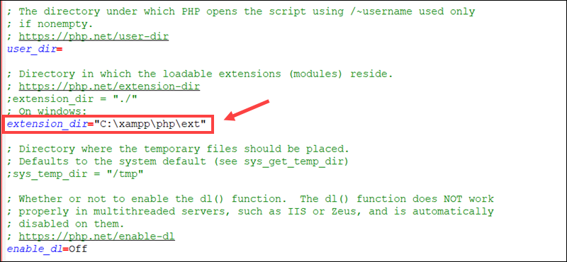 Extension_dir setting in the php.ini file.