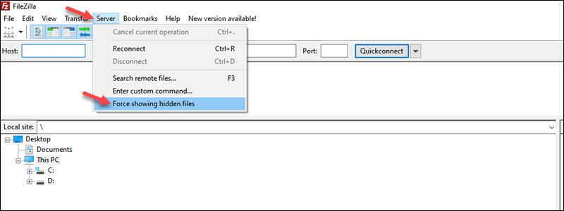 FileZilla Force Showing Hidden Files Server menu