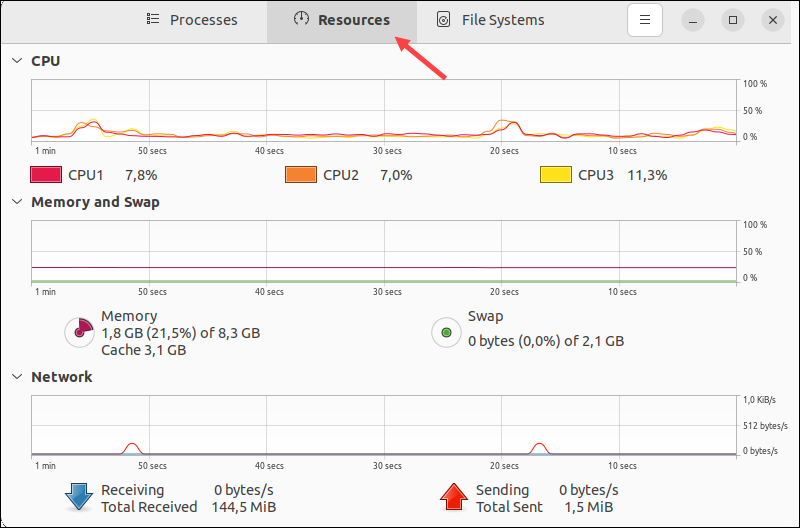 Using System Resources app to check memory usage in Linux.